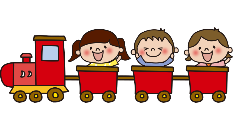 子供を乗せた赤い汽車の無料(フリー)イラスト | かわいい手描きの無料素材「てがきっず」保育園・小学校・介護施設にぴったりのフリー素材イラスト