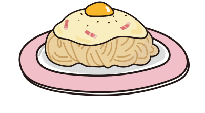 ピンクのお皿にのったカルボナーラ