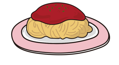 ピンクのお皿にのったミートソースパスタ