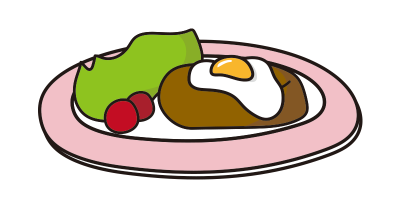 ピンクのお皿にのった目玉焼きハンバーグ