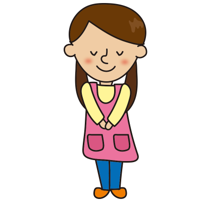 お辞儀している二つ結びの保育士の無料 フリー イラスト かわいい手描きの無料素材 てがきっず 保育園 小学校 介護施設にぴったりのフリー素材イラスト