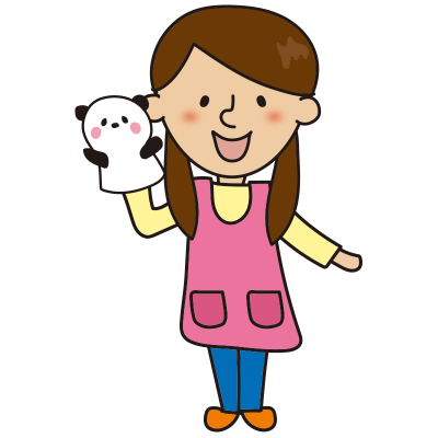 パペットを持っている二つ結びの保育士1