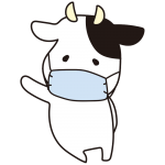 寄りかかるマスクをつけた牛（青）