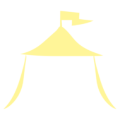 旗のなびいている黄色のテント