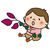 お芋掘りで後ろにひっくり返った子供（女の子）