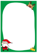 プレゼントの袋に乗るトナカイと運ぶサンタクロースの枠（縦）
