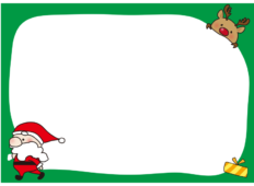 プレゼントの袋に乗るトナカイと運ぶサンタクロースの枠（横）