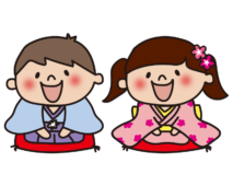 着物姿で新年の挨拶をする男の子と女の子2