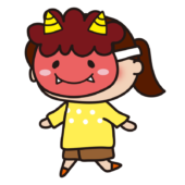 節分で赤鬼のお面をかぶって逃げる子供（女の子）