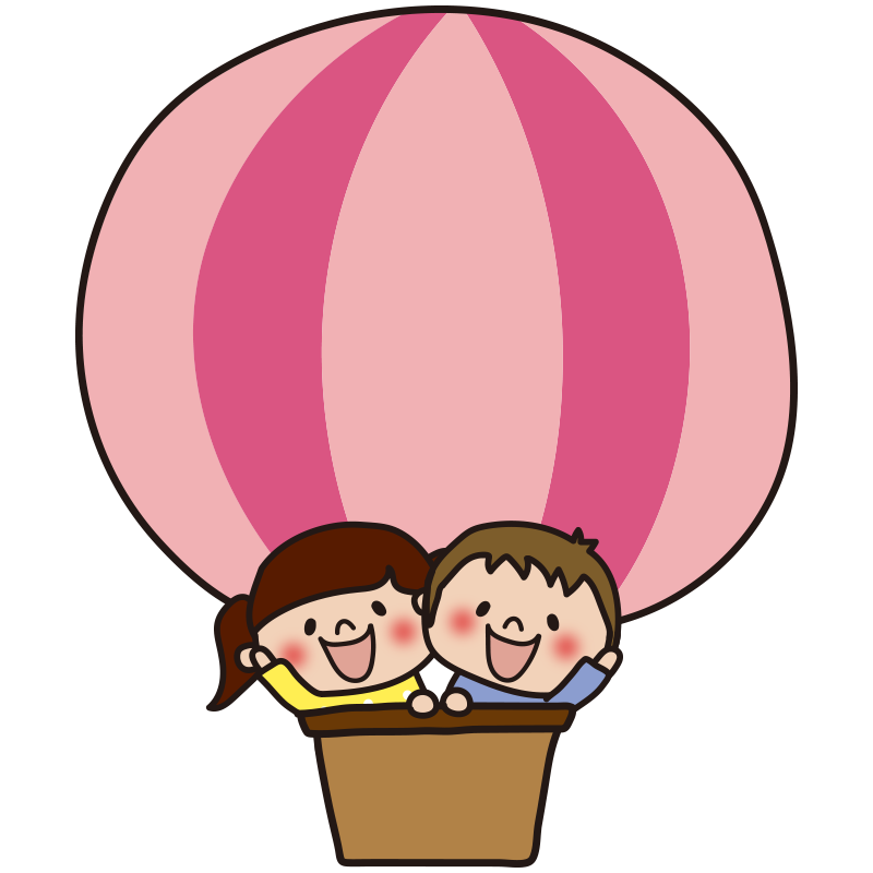 子供たちが乗ったピンク色の気球