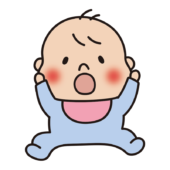 両手を挙げて驚いている赤ちゃん