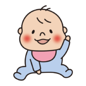 手を挙げて座っている赤ちゃん