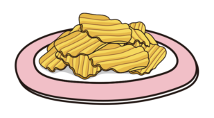 ピンクのお皿に乗ったギザギザのポテトチップス