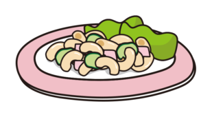 ピンクのお皿に乗ったマカロニサラダ