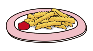 ピンク色のお皿に乗ったギザギザのフライドポテト