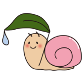 葉っぱの傘をさすほっぺの赤いピンクのかたつむり