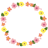 大きな葉っぱとピンクと黄色の花の丸い枠