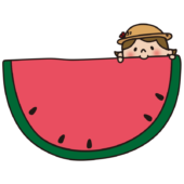 文字が書けるくらい大きなスイカを食べる子供（女の子1）