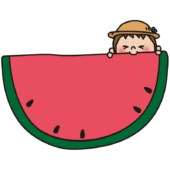 文字が書けるくらい大きなスイカを食べる子供（男の子1）