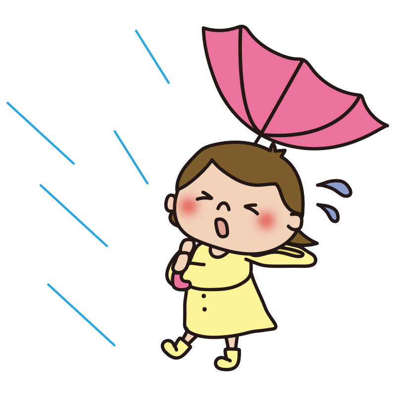 台風の強い雨風で傘がひっくり返った子供（女の子）