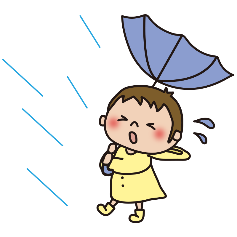 台風の強い雨風で傘がひっくり返った子供（男の子）