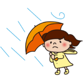 台風の強い雨風に吹かれている子供（女の子）