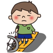 歩行の邪魔をする自転車があって通れない白杖を持った子供（男の子）