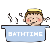 バスタイムと書いているお風呂の湯船につかっている子供（男の子）
