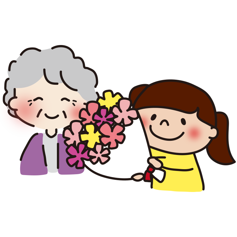おばあちゃんに花束を渡す子供2