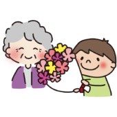 おばあちゃんに花束を渡す子供1