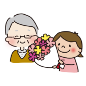 おじいちゃんに花束を渡す子供2