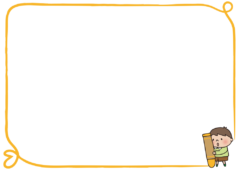 橙色のクレヨンでらくがきする男の子の枠（横）