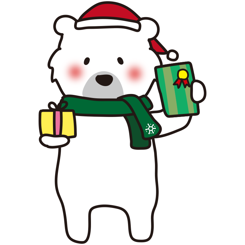 クリスマスプレゼントを2つ持っている白クマ