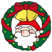 クリスマスのリースから顔を出すお鼻の大きなサンタクロース