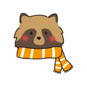 しましまのマフラーを巻いているタヌキ