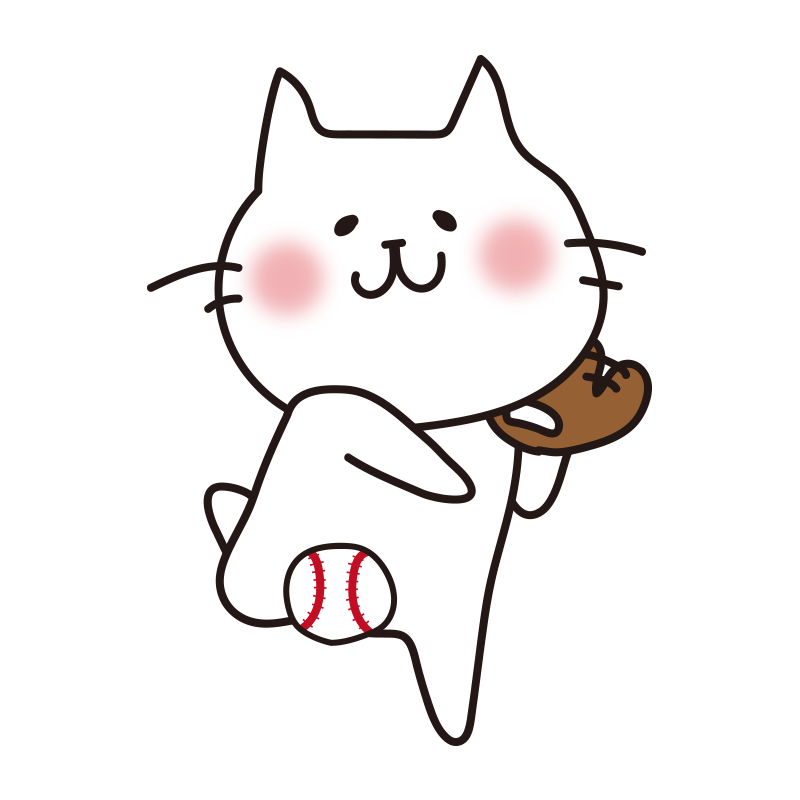 野球でボールを投げる白い猫