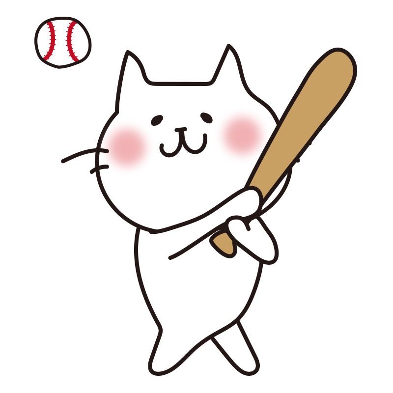 野球でボールを打つ白い猫