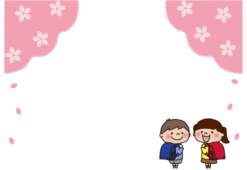桜とランドセルを背負った子供たちの枠2（横）