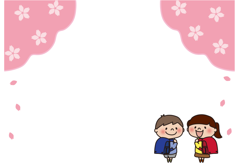 桜とランドセルを背負った子供たちの枠2（横）
