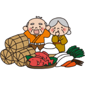 お米や野菜やお餅にびっくりするおじいさんとおばあさん