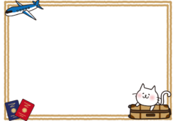 キャリーバッグに乗る白い猫とパスポートの枠（横）