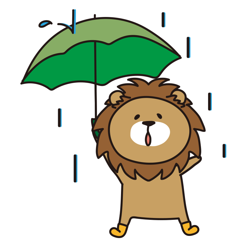 雨の日に傘をさすライオン