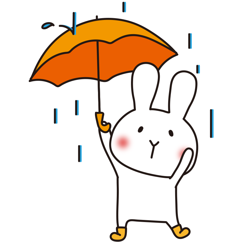 雨の日に傘をさす白いうさぎ