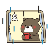 雨の日に窓から外を見つめるツキノワグマ