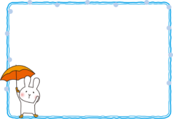 雨の日に傘をさす白いうさぎの枠（横）