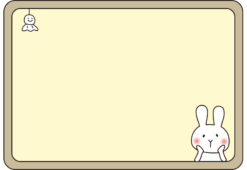 てるてる坊主を飾って窓から顔を出す白いうさぎの枠（横）