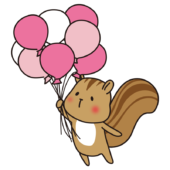 たくさんのピンク色の風船を持っているリス