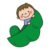大きな枝豆の中に入ろうとする子供（男の子）