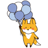 たくさんの青色の風船を持っているキツネ