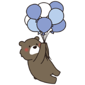 たくさんの青色の風船を持っているクマ